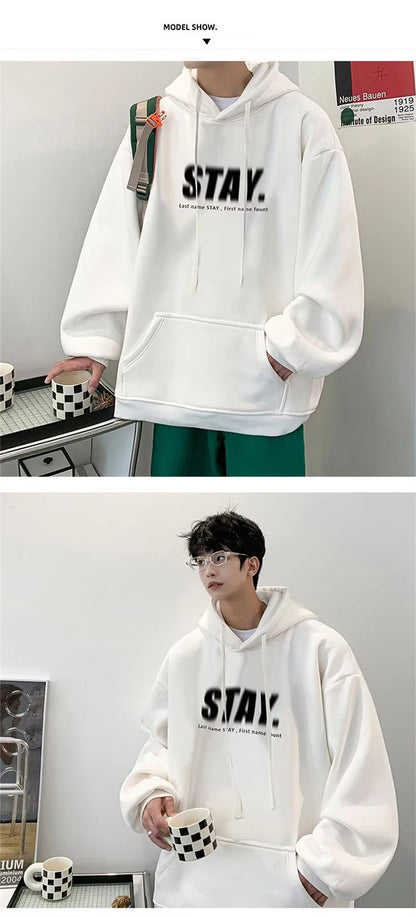 New in Letter STAY Print Sweatshirts Men Casual Vintage Fleece Pullovers Hoodies Autumn Y2K Streetwear Baggy Hoody Clothes Street King Limited