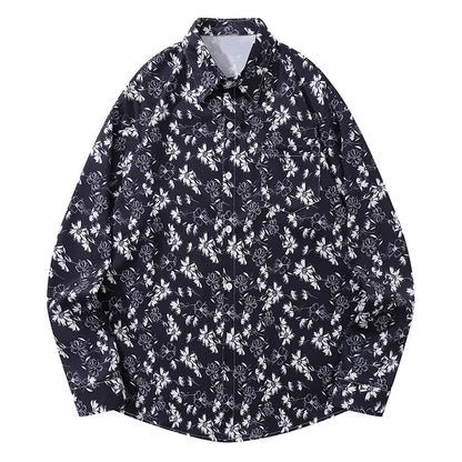 Men Long-Sleeved Shirt Japanese Retro Floral Printed Blouse Coat Oversize Loose Casual Tops Single Breasted Versatile Clothing Street King Limited