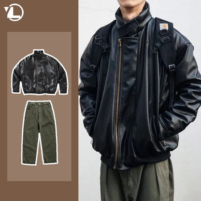 japanese street motorcycle set men thickened stand collar hip hop leather jacket harajuku casual pants 2 pcs bomber suit 2023 unique default style 4356