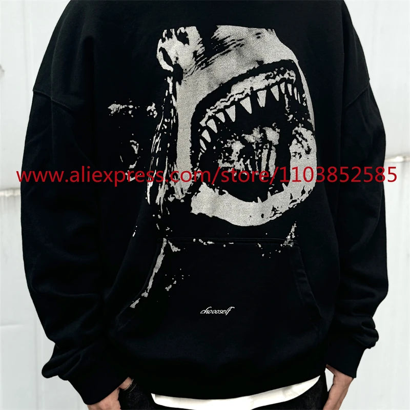Autumn and Winter New Vintage Men's Hoodie Long Sleeve Hoodie American Heavy Weight Oversize High Street Jaws Cartoon Print Tops Street King Limited