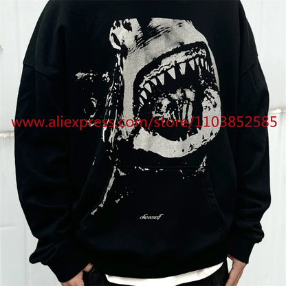 Autumn and Winter New Vintage Men's Hoodie Long Sleeve Hoodie American Heavy Weight Oversize High Street Jaws Cartoon Print Tops Street King Limited