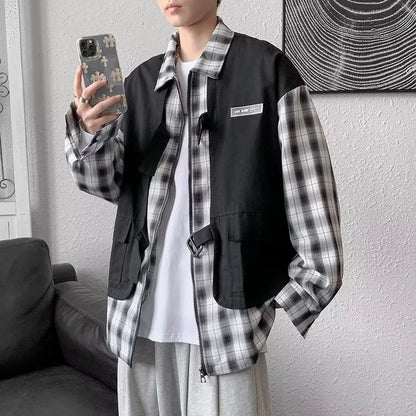 Streetwear New Fake Two Piece Zip Plaid Cargo Shirts Mens Japanese Streetwear Fas 2024 New Fake Two Piece Zip Plaid Cargo Shirts Mens Japanese Streetwear Fashion Social Shirt Autumn Long Sleeve Baggy Y2K Shirt Fashion Sweater Jacket With Graphic Design For Men