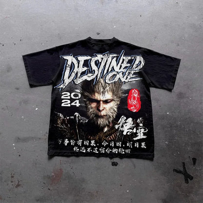 Black Myth Wukong Printed Oversized Short-sleeved Top Men Y2k American Street Casual Breathable Cotton Round Neck T-shirt Women Street King Limited