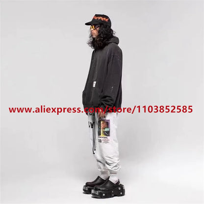 2024 autumn winter vintage casual sports pants mens letter illustration printed loose drawstring leg strap high street hip hop unique default style 1615
