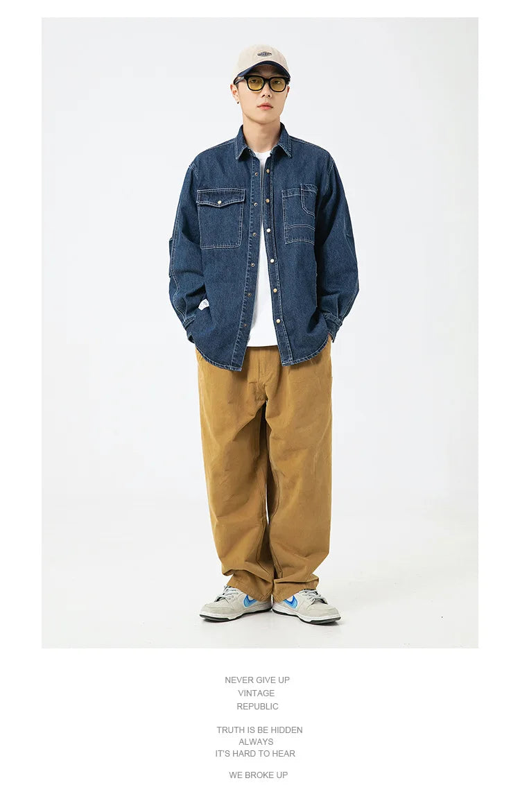 Vintage Men's Spring And Autumn New Washed Distressed Denim Shirt Jacket Loose Casual Long-Sleeved Coat Jacket Street King Limited