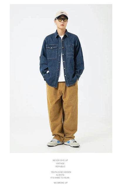 Vintage Men's Spring And Autumn New Washed Distressed Denim Shirt Jacket Loose Casual Long-Sleeved Coat Jacket Street King Limited