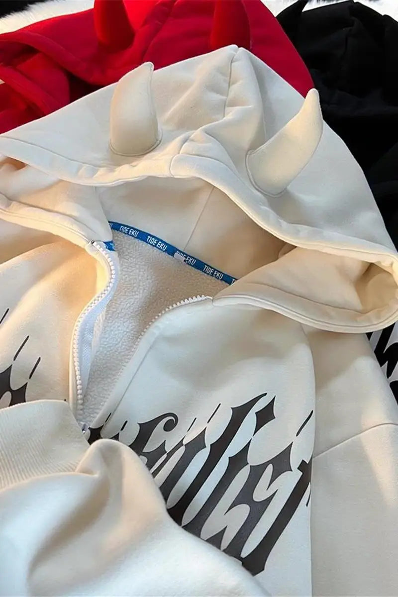 Y2K Kawaii Devil Horn Tail Hip Hop Badge Print Hoodies Cardigan Couples Street Loose Casual Zip Up Sweatshirt Harajuku Clothes Street King Limited