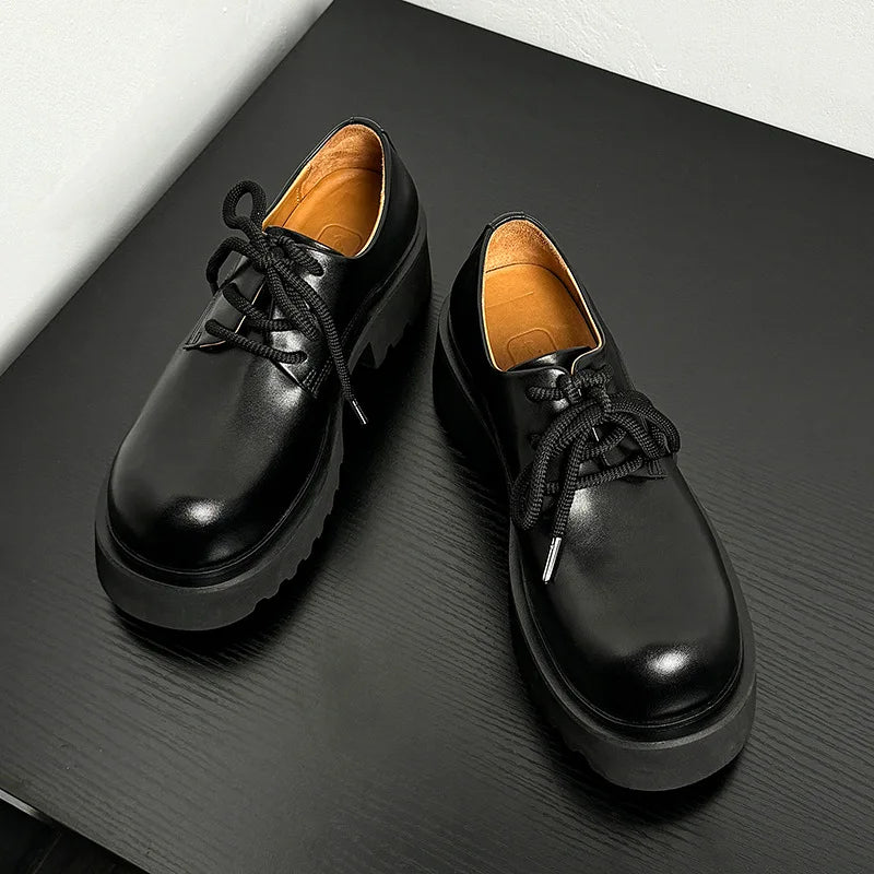 Men High Quality Genuine Leather Streetwear Fashion Casual Hip Hop Derby Shoes Cow Leather Rubber Foam Sole High Heels Shoes Street King Limited