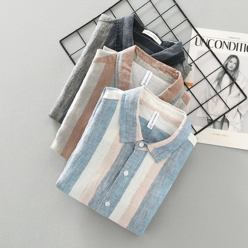Linen Vertical Striped Long-Sleeved Shirt Men's Summer Thin Breathable Three-Quarter Sleeve Cotton And Linen Artistic Shirt Street King Limited