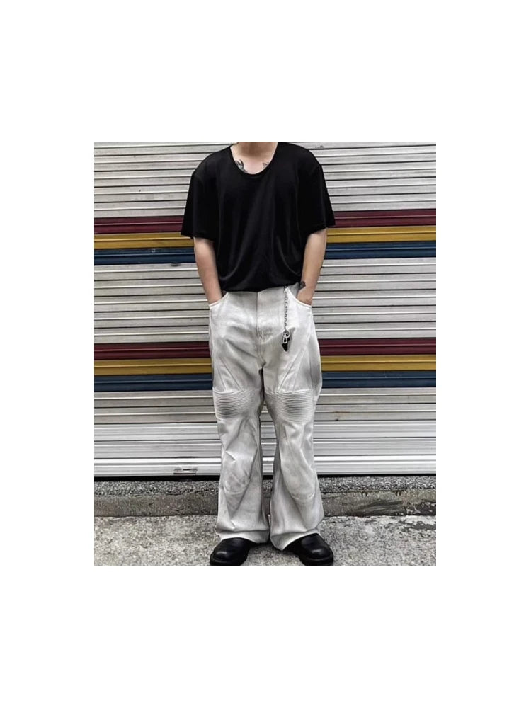 pleat patchwork dir wash racing pants mngu washed distressed white straight overalls dirfit loose trousers minimalist street pants
