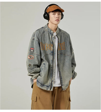 high street vintage washed denim jacket men american style embroidery label stand collar ruffian handsome motorcycle jeans coats unique jeans style 5386