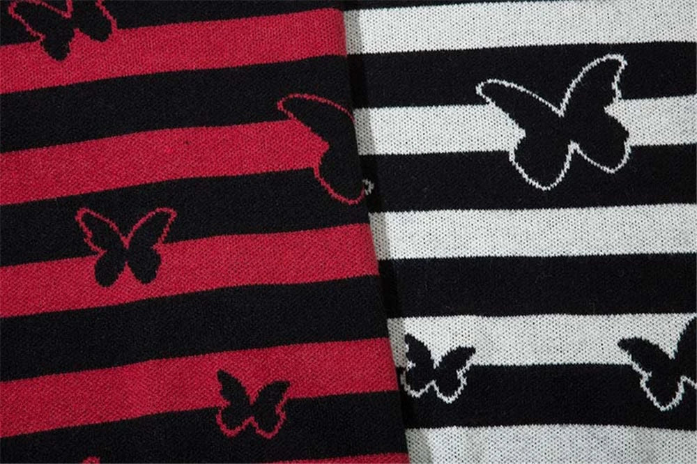 2023 Hip Hop Striped Knitted Sweater Streetwear Butterfly Graphic Distressed Ripped Pullover Men Harajuku Casual Knitwear Unisex Street King Limited