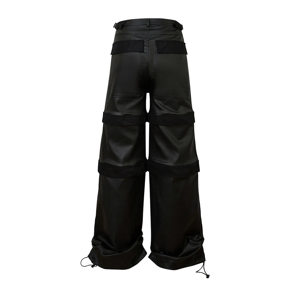high street striped pu leather cargo pants mens harajuku straight ropa hombre loose overalls oversized casual trousers multi-pocket cargos