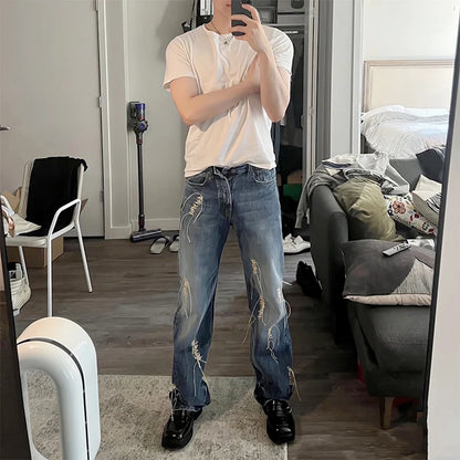 2023 new straw tassel design ripped hole loose denim trousers mens streetwear straight y2k pantalones hombre baggy jeans unique jeans style 654