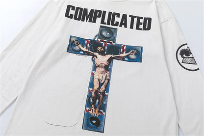 Summer 24ss Cross Print Brand Fashion Round Neck High-Street Round Neck Cotton Long Sleeve T Shirt Pullover Street King Limited