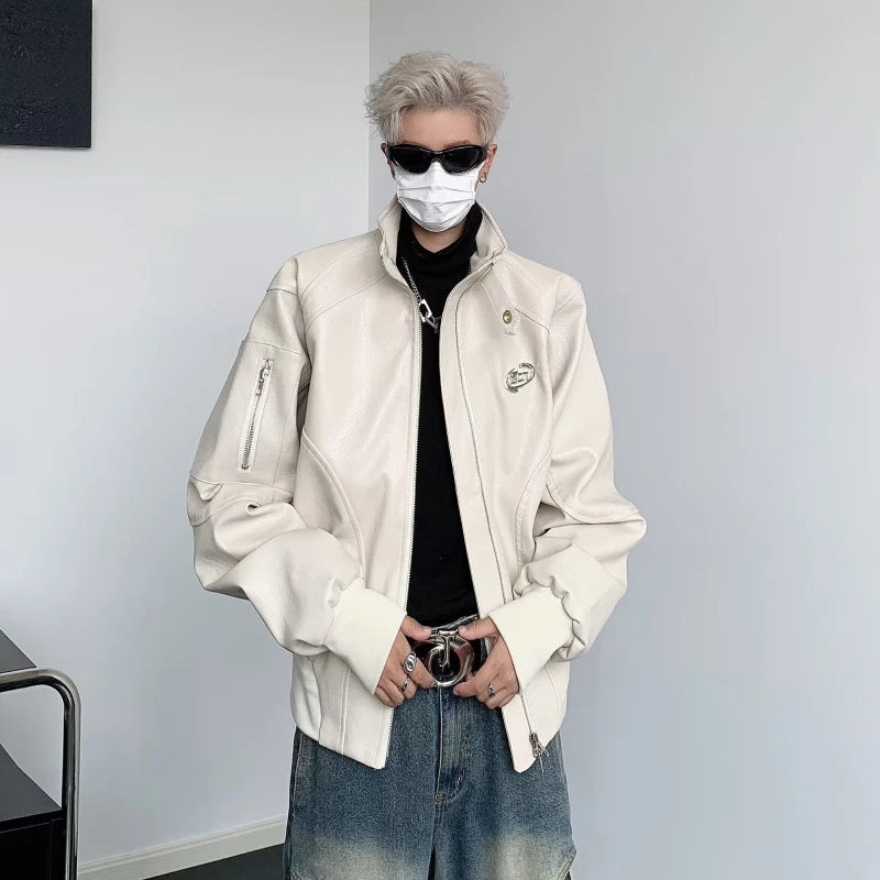 punk leather jacket mens spring standing collar trendy high street coats y2k streetwear hip hop motorcycle outwear 2024 new minimalist street pants