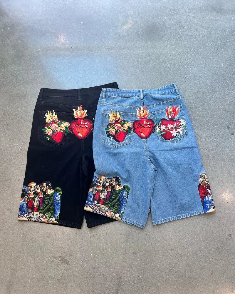 harajuku retro cartoon print oversized wide leg pants gothic washed distressed jeans men y2k fashion casual denim shorts women unique jeans style 3609