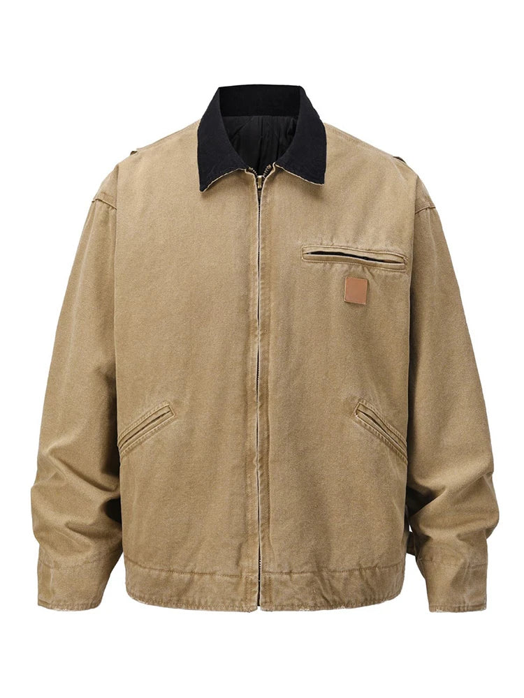 casual loose cargo jacket mens lapel spliced long sleeve retro autumn winter outerwear men multi-pocket cargos