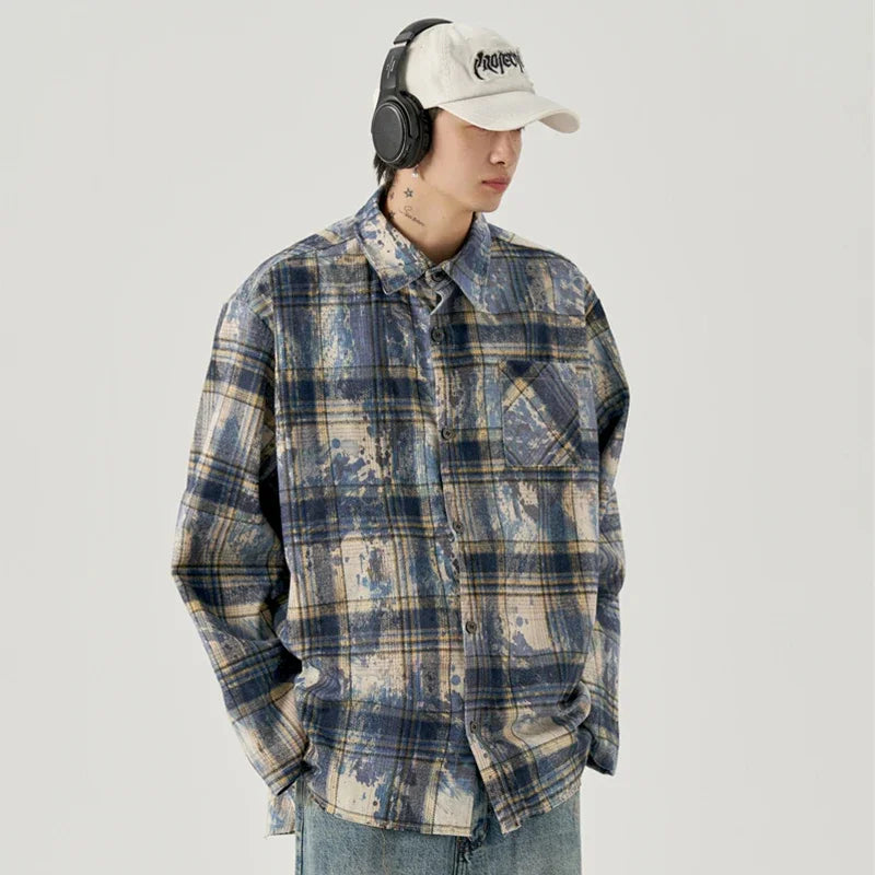 Streetwear Autumn Mens Ink Tie Dye Plaid Long Sleeve Shirt Korean Fashion Vintage Autumn Mens Ink Tie Dye Plaid Long Sleeve Shirt Korean Fashion Vintage Button T Shirts Y2K Streetwear Social Shirt Jackets Fashion Sweater Jacket With Graphic Design For Men