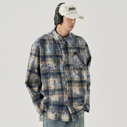 Streetwear Autumn Mens Ink Tie Dye Plaid Long Sleeve Shirt Korean Fashion Vintage Autumn Mens Ink Tie Dye Plaid Long Sleeve Shirt Korean Fashion Vintage Button T Shirts Y2K Streetwear Social Shirt Jackets Fashion Sweater Jacket With Graphic Design For Men