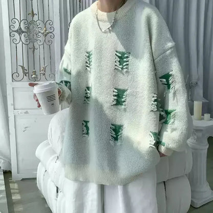 2025 New Ripped Design Crewneck Sweater For Men High Street Patchwork Knitted Jumpers Y2K Vintage Christmas Knitwear Pullovers Street King Limited