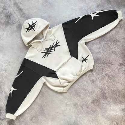 Y2k Patch Design Loose Zip Hoodies for men Geometric Pattern Splicing Sweatshirt Gothic Streetwear Oversized Casual Men Clothing Street King Limited