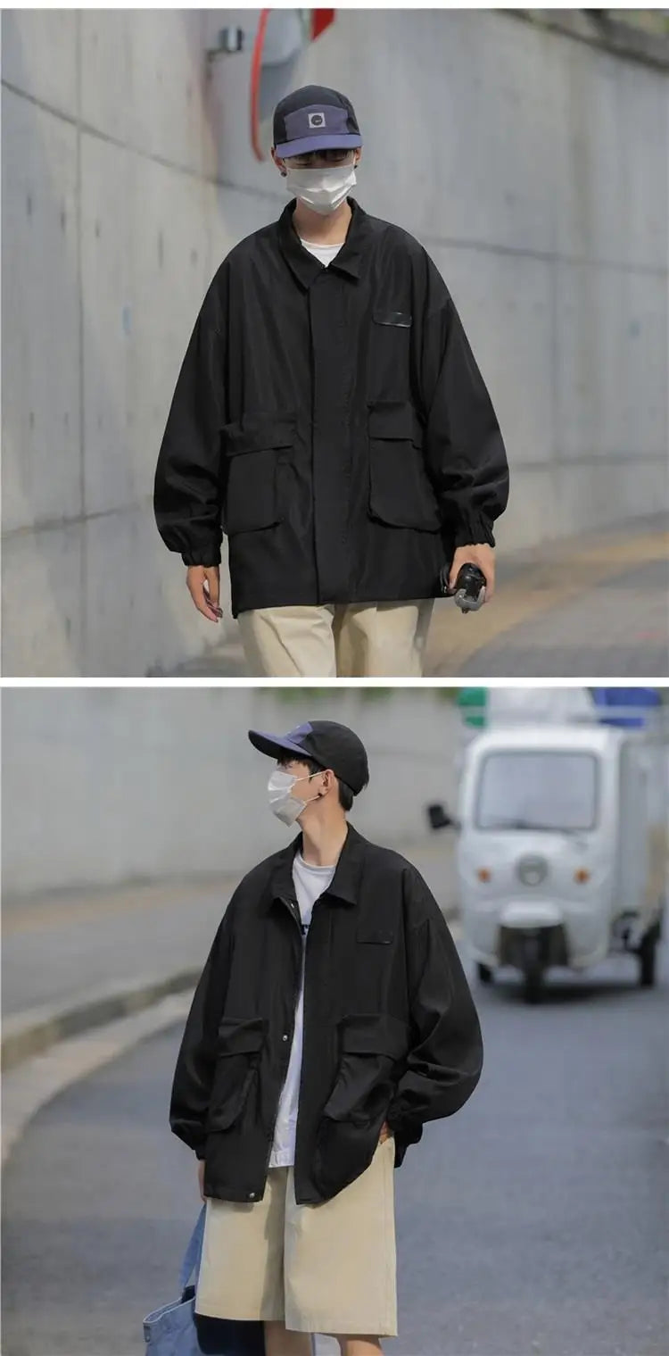 american casual cargo jacket for men autumn streetwear work zipper coat male varsity jackets loose chaquetas hombre clothes unique cargo style 1610