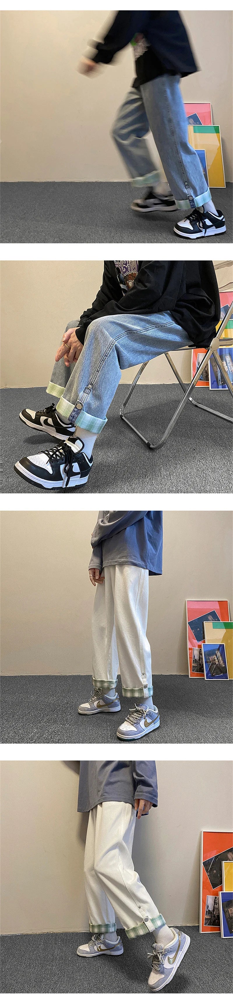 autumn plaid cuffs wide leg jeans for men high street fashion straight denim pants mujer elastic y2k baggy blue jean trousers unique jeans style 839