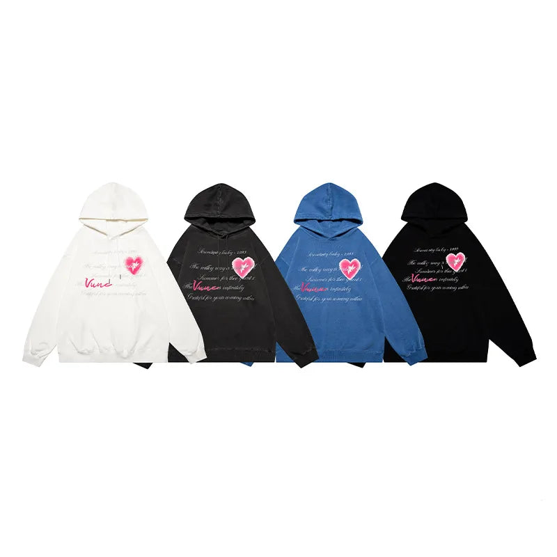 Hip Hop Men's Multi Letter Graffiti Hit Color Heart Graphic Print Hooded Sweatshirt Autumn Oversized Rib Sleeve Hoodies Unisex Street King Limited