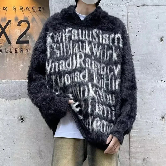 American Goth Fashion Hooded Sweater Mens Hip Hop Letter Jacquard Knit