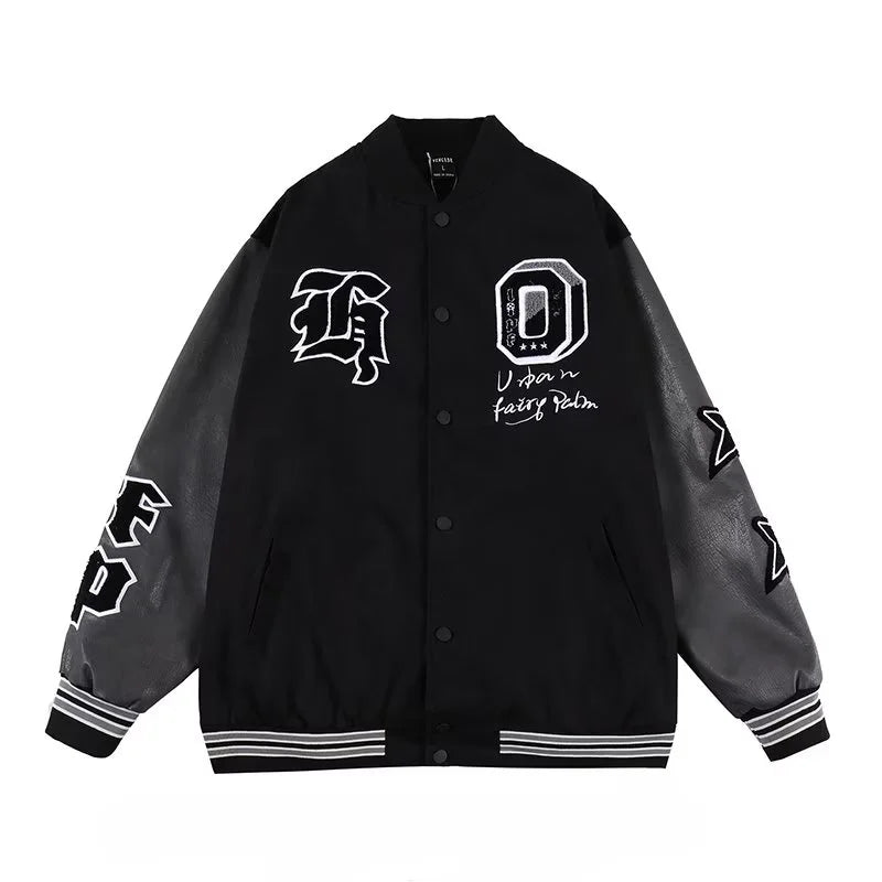 american retro mens baseball uniform street harajuku patchwork leather loose jackets color block towel embroidery trend coats unique default style 2938
