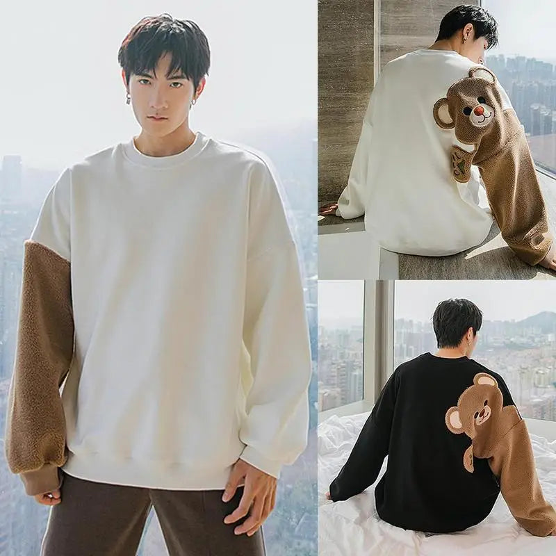 Long-sleeved Round Neck Sweater Lamb Hair Embroidery Flocking Sweater Loose Warm Winter Men's Bear Street King Limited