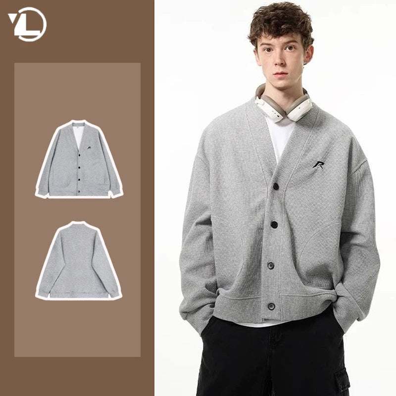 American V-neck Mens Cardigan Spring New Embroidered Casual Loose Couple Knitted Coats Single Breasted Solid Sweater Jackets Street King Limited