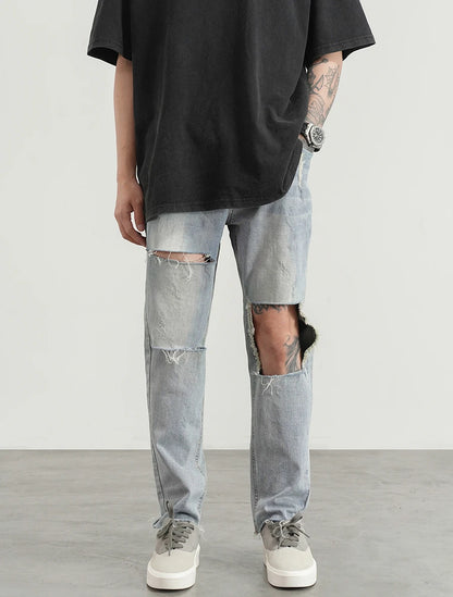 destroied big holes ripped denim jeans mens distressed biker jeans fashion high street slim straight pants streetwear joggers unique joggers style 357