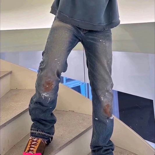 Burn Damaged Mud Dyed Washed Blue Micro Flared Jeans for Men Hip Hop Hole Distressed Baggy Denim Trousers Oversiozed Cargos Street King Limited