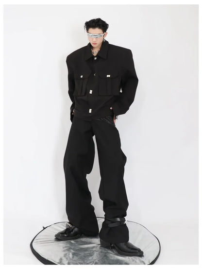 trendy high street jacket mens unisex metal button shoulder pad short coats multi pocket punk hip hop loose outwear oversized unique shorts style 3541