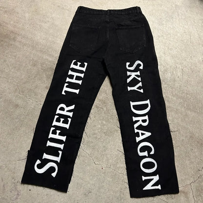 harajuku y2k baggy jeans the winged dragon of ra print wide leg denim pants popular anime jeans streetwear trouser men clothing unique jeans style 4432