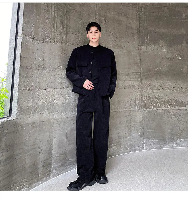 men 2 pieces sets corduroy short jacket wide leg pant suits korean streetwear fashion loose casual retro coat baggy trousers unique shorts style 2697