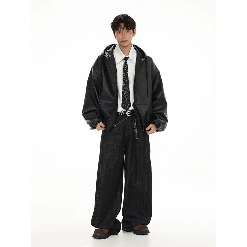 pu leather bomber jacket men streetwear fashion loose casual vintage leather hooded short motorcycle jacket hoody coat outerwear relaxed fit shorts