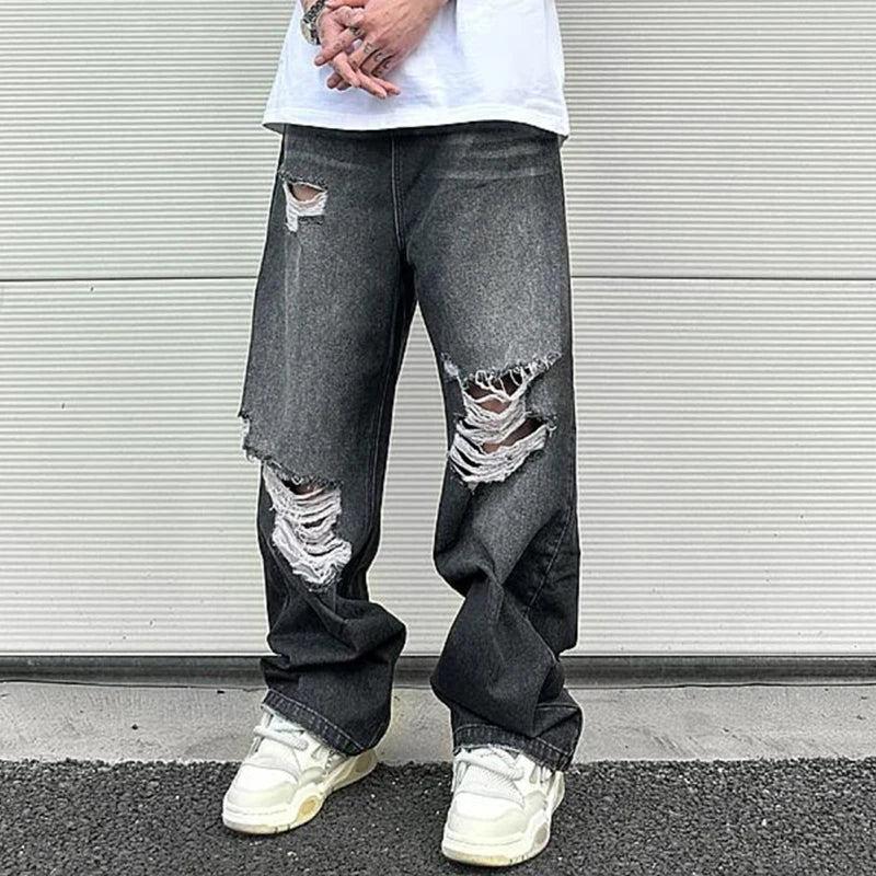 Hip Hop Washed Knee Hole Baggy Wide Leg Casual Jeans for Men Y2K Ripped Loose Distressed Denim Trousers Oversized Cargo Pants Street King Limited
