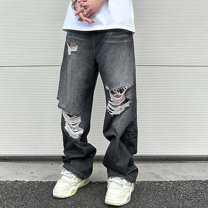 Hip Hop Washed Knee Hole Baggy Wide Leg Casual Jeans for Men Y2K Ripped Loose Distressed Denim Trousers Oversized Cargo Pants Street King Limited