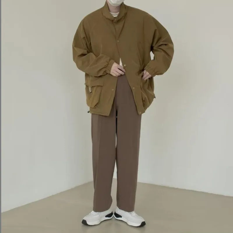 japanese spring jacket mens single breasted stand collar harajuku unisex coats solid big pocket drawstring casual men outwear unique default style 1875