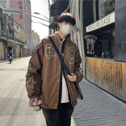 american retro mens baseball uniform street harajuku patchwork leather loose jackets color block towel embroidery trend coats unique default style 2934