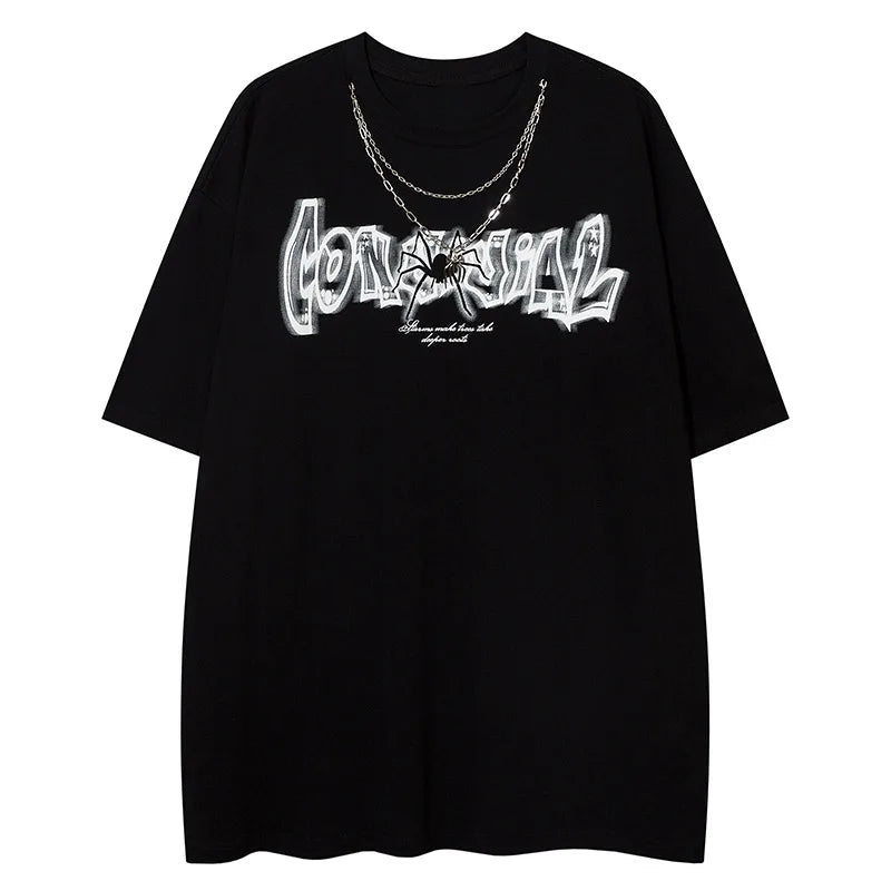 Men T Shirts Spider Letter Printed with Necklace Short Sleeve Tees High Street Hip Hop Tshirt Harajuku Vintage Y2k Tops Unisex Street King Limited