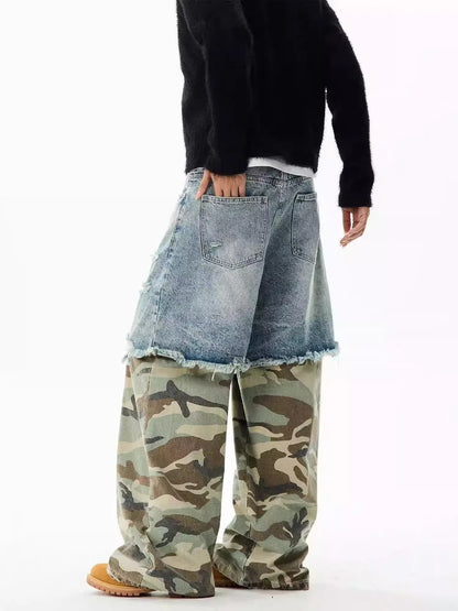 Camouflage Patchwork Jeans Mens Fake Two Items Street Punk Unisex Denim Pants Multiple Pockets Blue Size S-3XL Cowboy Trousers Street King Limited