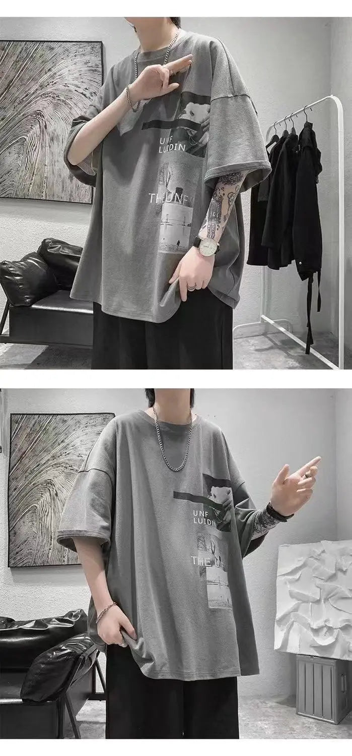T-shirt men's 2024 summer new Korean style short-sleeved fat man versatile top student trendy T-shirt men clothing y2k tops emo Street King Limited