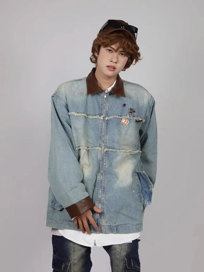 burr edge vintage mens denim jacket spring american patchwork lapel washed cowboy coats loose harajuku couple outwear new unique jeans style 2212