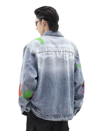 men harajuku graffiti denim jacket and coat fashion hip hop long sleeve jean patchwork outerwear casual streetwear jeans jackets unique jeans style 3718