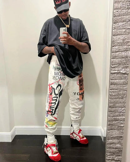 24ss vintage retro graffiti washed worn cotton high street long pants leggings unique default style 4718