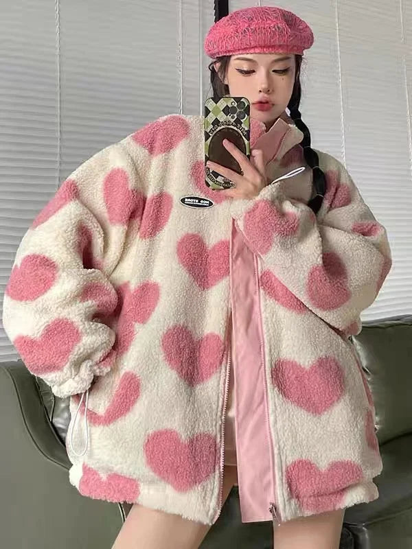 2024 autumn and winter new love lambswool cotton padded jacket double sided collar jacket couple loose jacket warm jacket y2k unique default style 4201